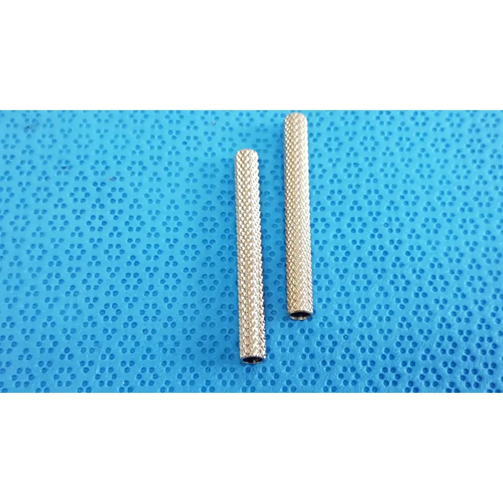 Two silver german stainless steel surgical scalpel handles with textured knurled surface beaver-style lot of 2