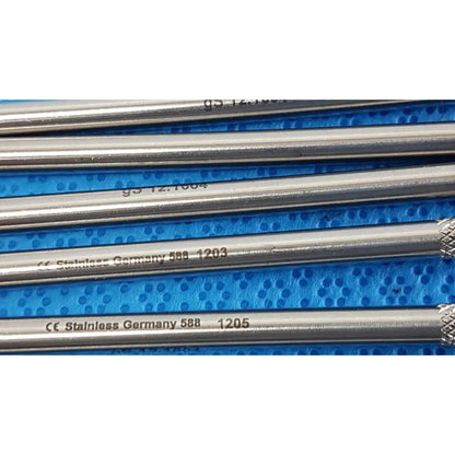 Silver german stainless steel surgical drill bits with engraved model numbers for gS12.1604 surgical scalpel handle lot of 6