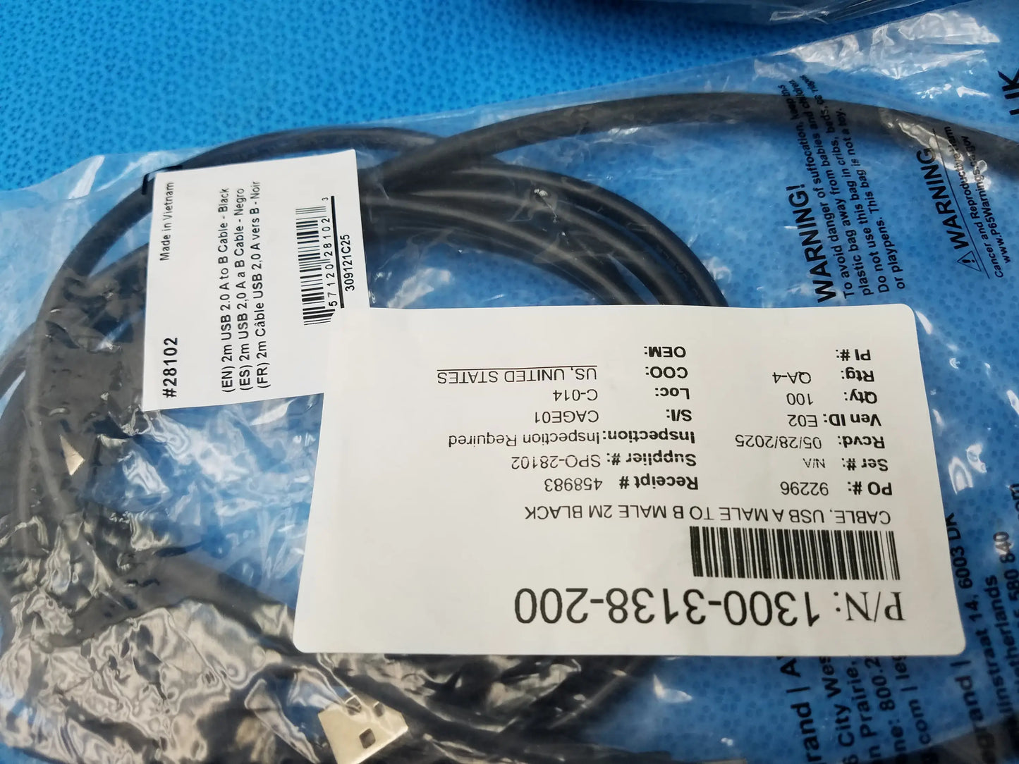 Black usb 2.0 a to b cable coiled in clear packaging with label for gse eyecon 9400 pharmacy optical pill counter