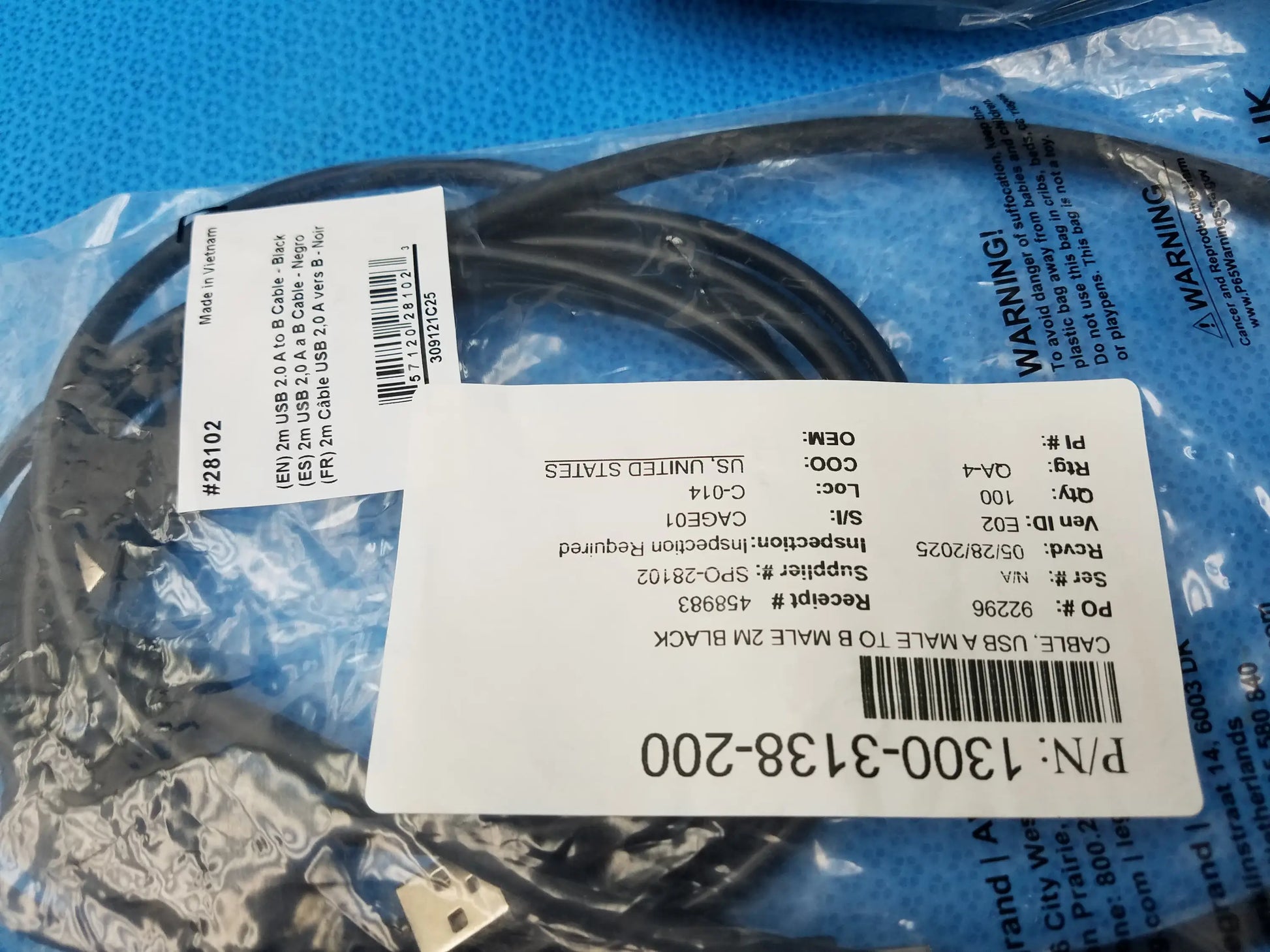 Black usb 2.0 a to b cable coiled in clear packaging with label for gse eyecon 9400 pharmacy optical pill counter