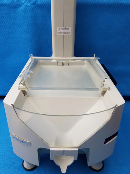 White plastic and glass scriptpro optical pill counter with vertical handle and caster wheels for pharmacy optical counting