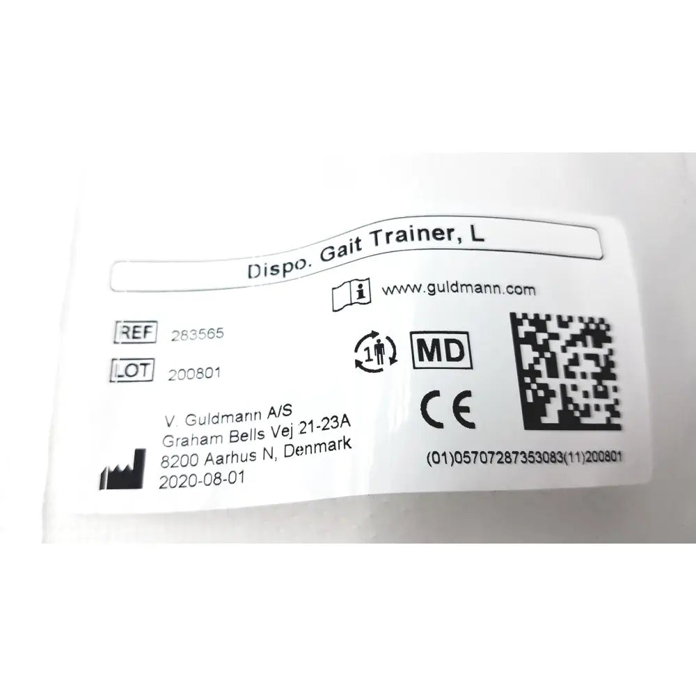 White label with black printed text and symbols for guldmann disposable gait trainer max 205 kg size large
