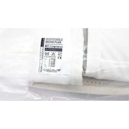 White polyester disposable micro plus ice pack labeled with care instructions for guldmann disposable micro max 250kg sling