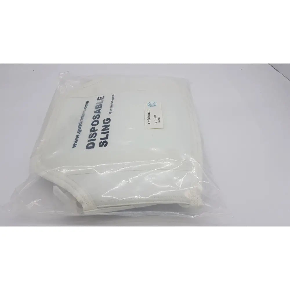 White disposable sling packaged in clear plastic labeled for medical use guldmann disposable micro plus max 250kg