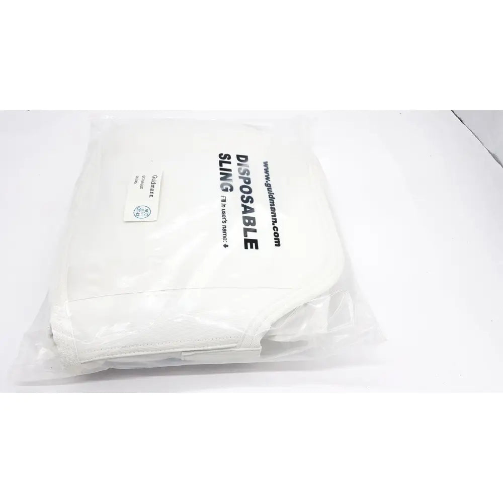 White disposable micro plus sling in clear plastic packaging by guldmann with max 250kg capacity
