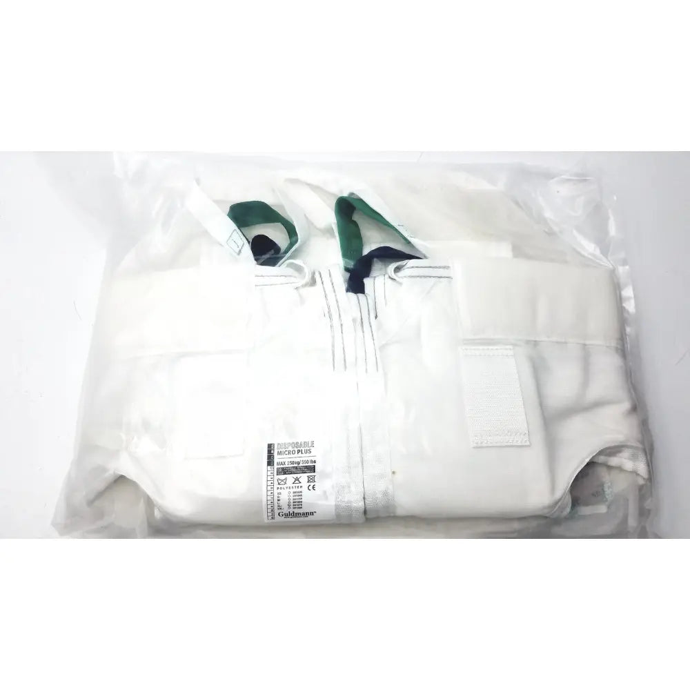White fabric safety harness with green webbing straps for guldmann disposable micro plus max 250kg size xl