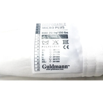 White polyester guldmann disposable micro plus cushion with black printed label showing size xl and max 250kg capacity