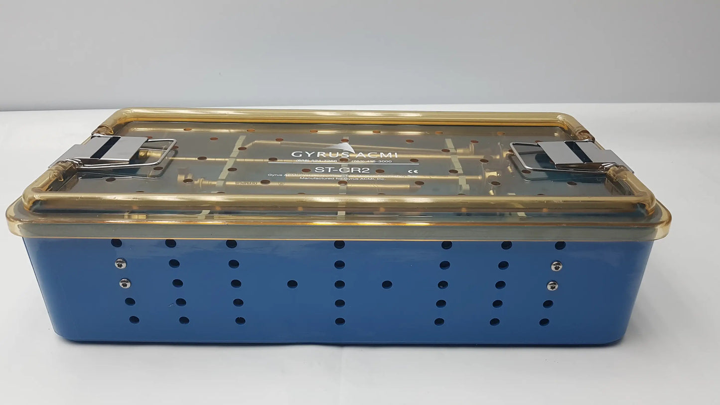 Blue surgical instrument set tray with gold metal latches and transparent lid by gyrus acmi model st-gr2