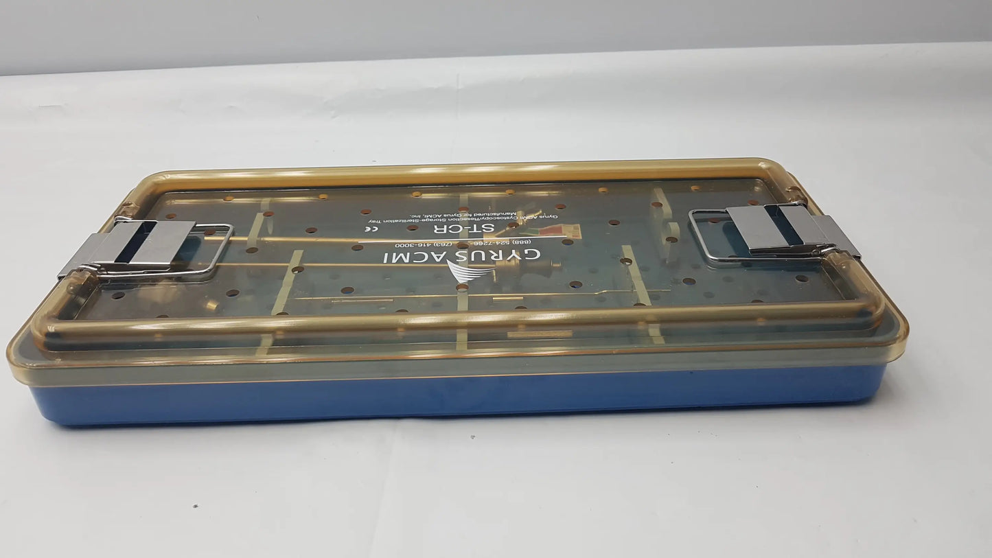 Blue and gold endoscope sterilization tray with transparent lid and metal clasps featuring olympus a3551 urethrotome sheath