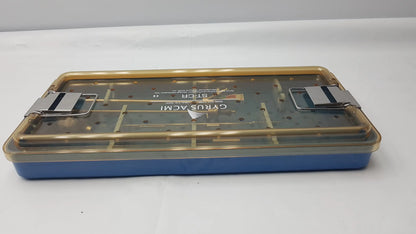 Blue and gold endoscope sterilization tray with transparent lid and metal clasps featuring olympus a3551 urethrotome sheath