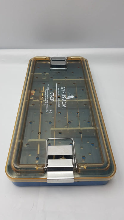 Gyrus acmi st-cr2 endoscope sterilization tray with transparent lid gold-colored frame includes olympus a3551 urethrotome sheath