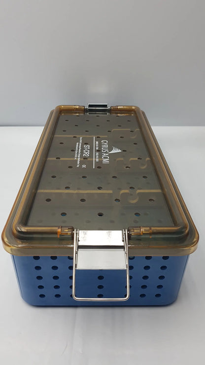 Blue perforated gyrus acmi endoscope storage tray with transparent lid and metallic clasp for sterilization
