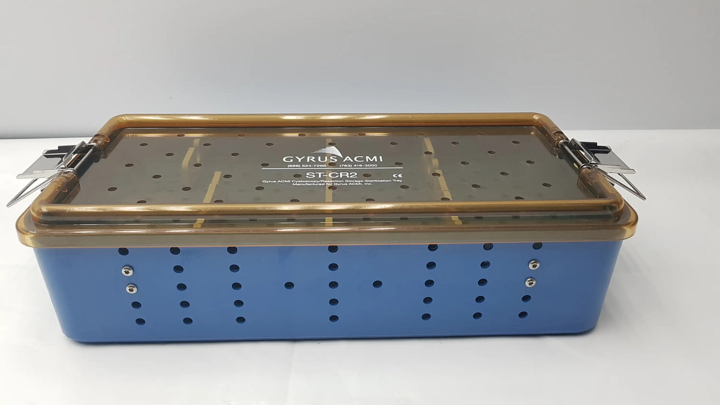 Blue metal gyrus acmi endoscope storage tray with gold rim and perforated lid for sterilization and storage