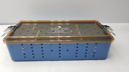 Blue metal gyrus acmi endoscope storage tray with gold rim and perforated lid for sterilization and storage