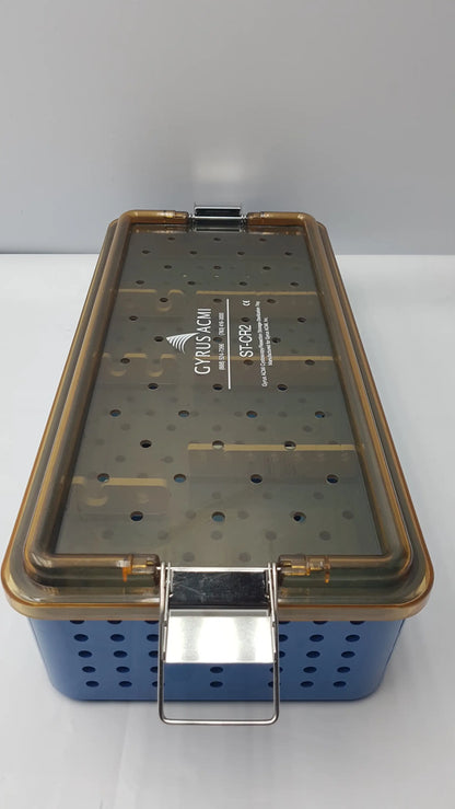 Blue perforated gyrus acmi endoscope storage tray with transparent lid and metallic clasp for sterilization use