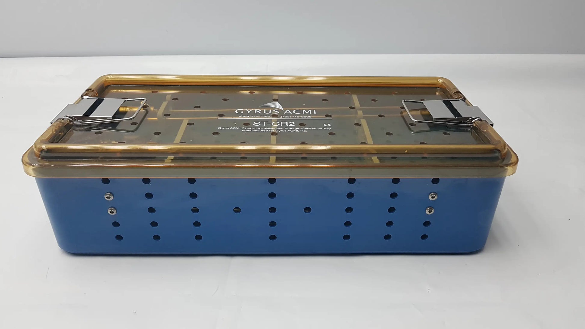 Blue metal gyrus acmi st-cr2 endoscope storage sterilization tray with gold latches for olympus telescopes and accessories