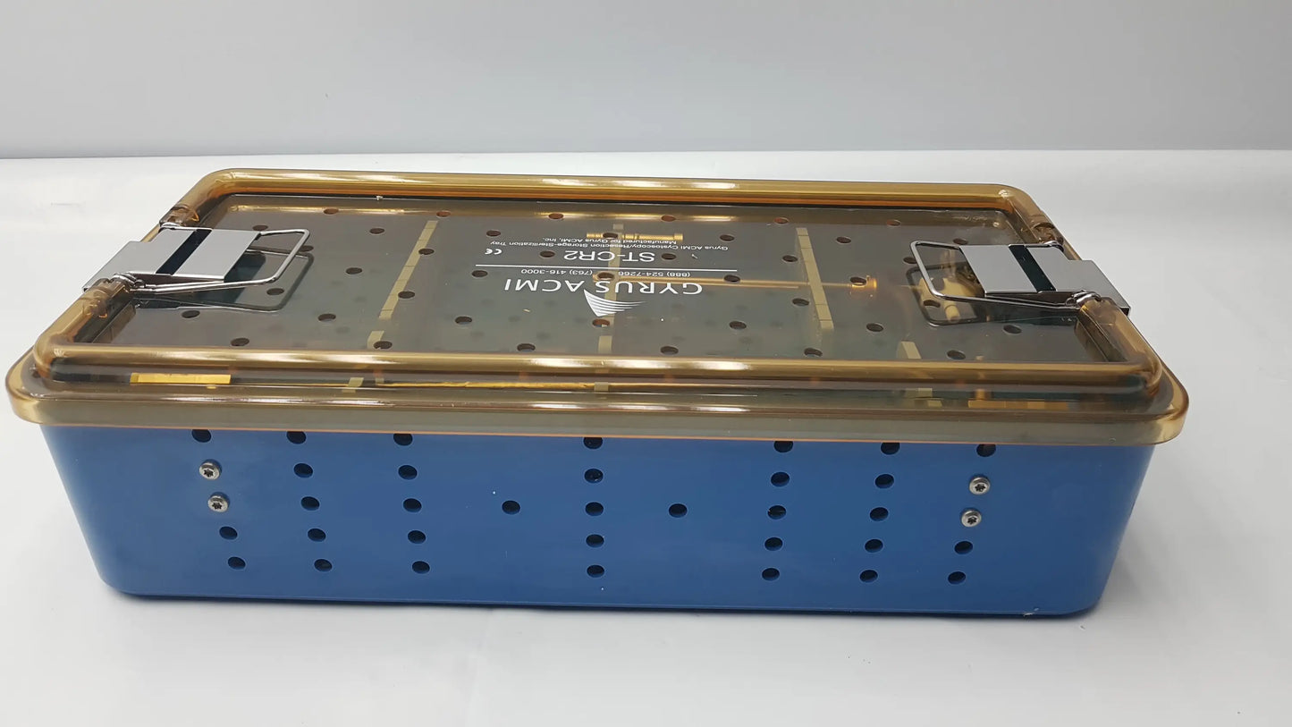 Blue gyrus acmi endoscope storage sterilization tray with gold metal lid and perforated sides for olympus telescopes
