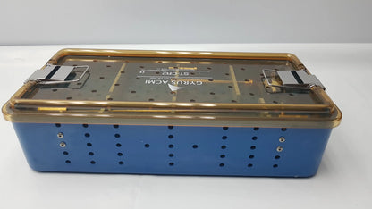Blue gyrus acmi endoscope storage sterilization tray with gold metal lid and perforated sides for olympus telescopes