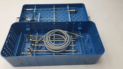 Blue gyrus acmi st-cr2 endoscope storage sterilization tray with neatly organized medical tools and olympus telescopes