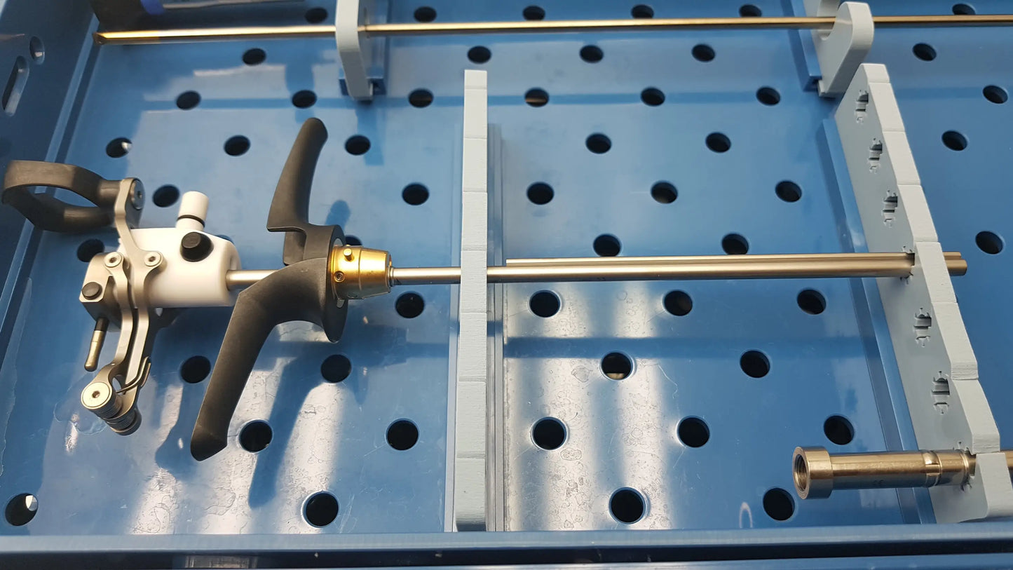 Gyrus ACMI ST-CR2 endoscope storage sterilization tray with black ergonomic handles metallic shafts and Olympus telescopes