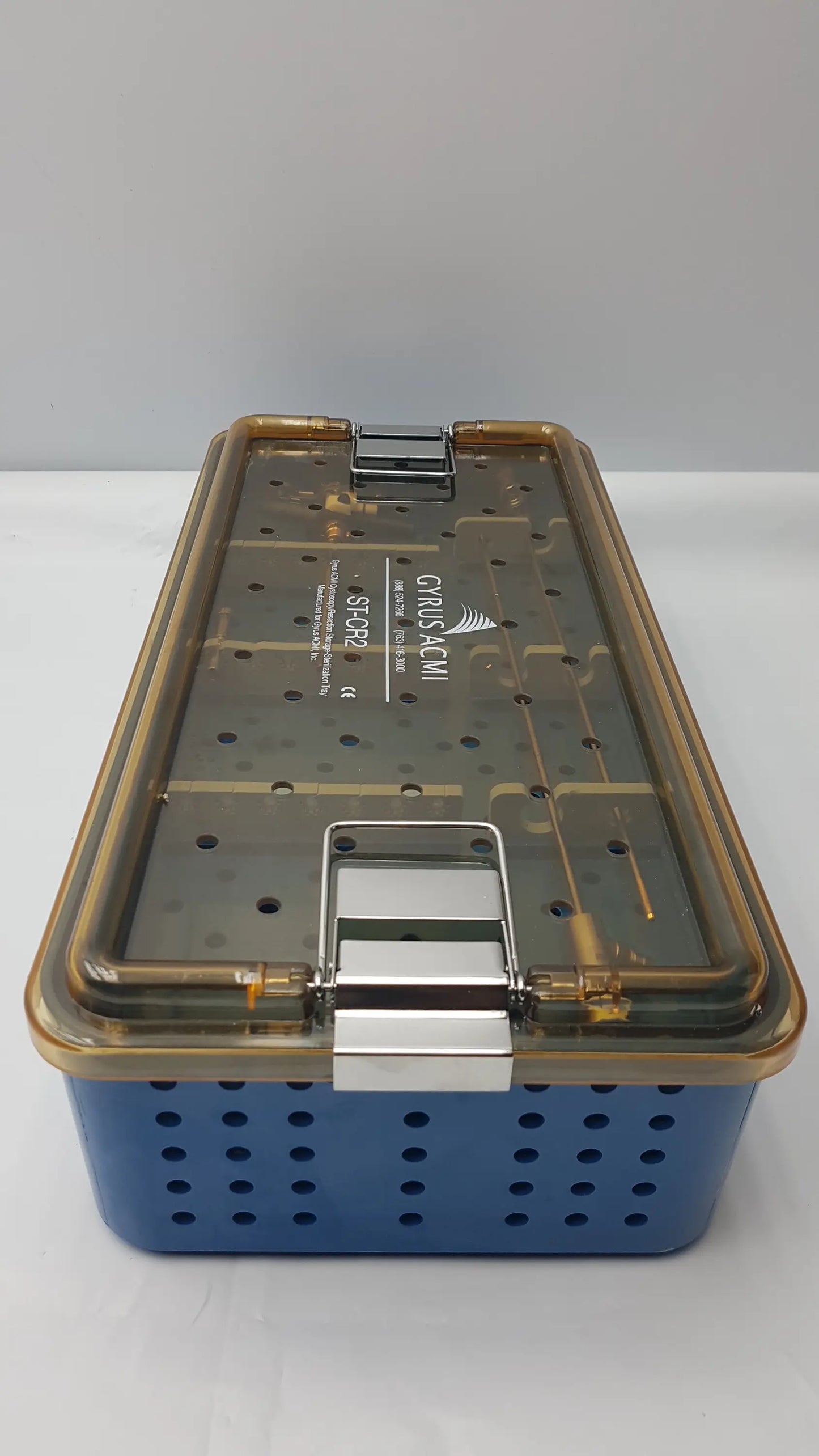 Blue perforated gyrus acmi st-cr2 endoscope storage sterilization tray with transparent lid and carl zeiss branding for olympus telescopes