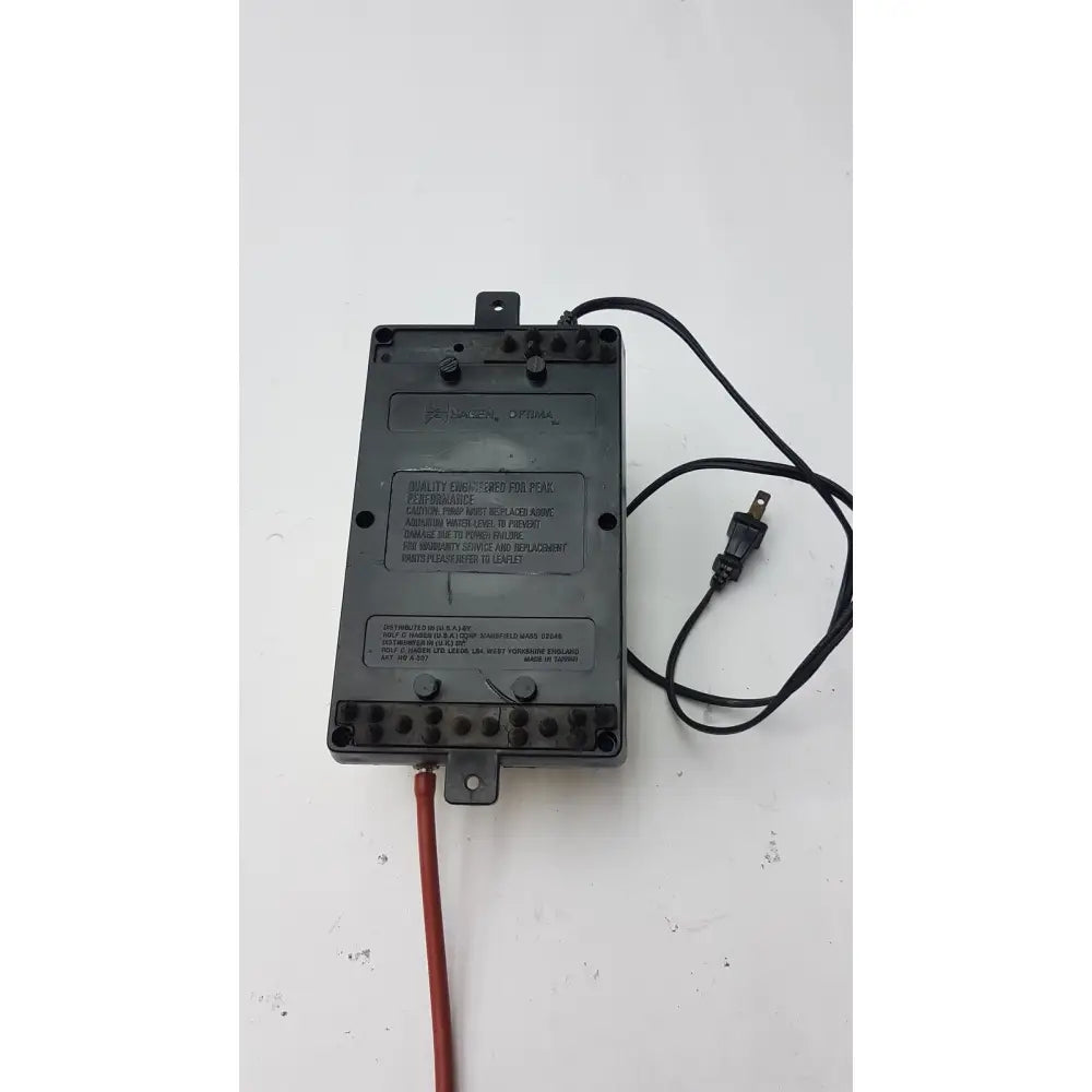 Black plastic electrical control box with power cord and red wire for hagen optima pump model a-807 115v ac 60hz 5 watts