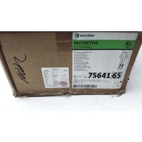 Halyard 75641 protective coverall blue size XL packed in a cardboard box case of 24 for industrial use