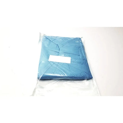 Blue surgical gown packaged in clear plastic wrap with white label for halyard orthoarts shoulder split drape