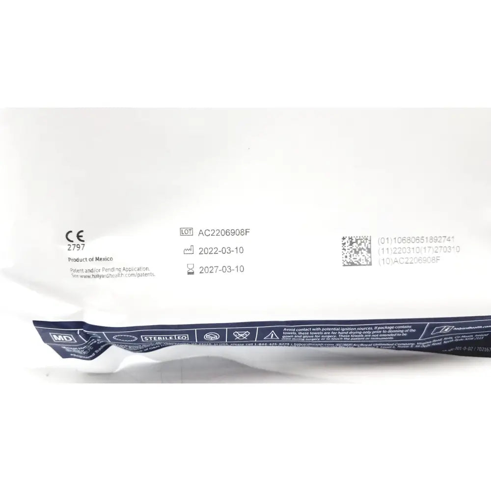 White sterile medical packaging of halyard 89274 orthoarts shoulder split drape with blue labeling and printed regulatory info