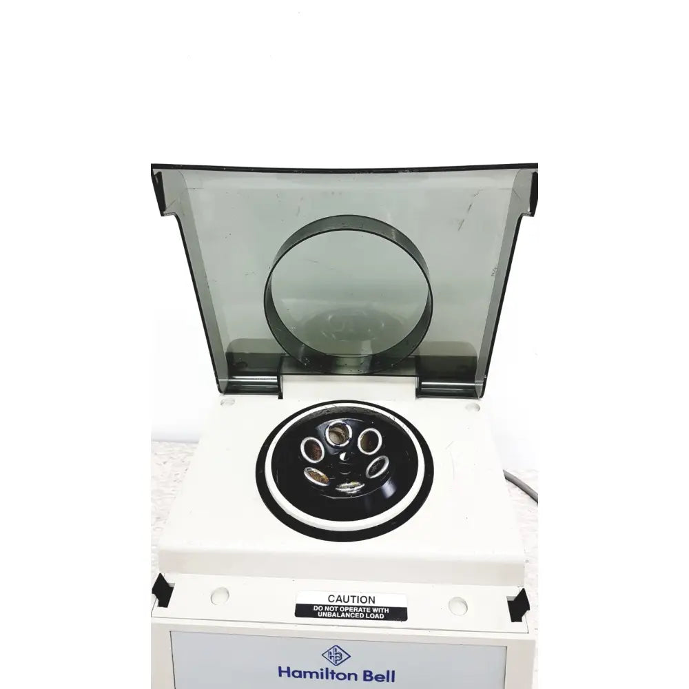 Hamilton bell vanguard v6500 6-cell centrifuge with white body black rotor chamber and transparent lid