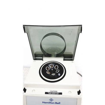 Hamilton bell vanguard v6500 6-cell centrifuge with white body black rotor chamber and transparent lid