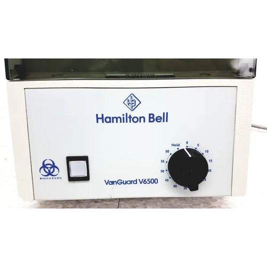 Hamilton bell vanguard v6500 laboratory centrifuge with white casing black control dial and power switch for 6-cell use
