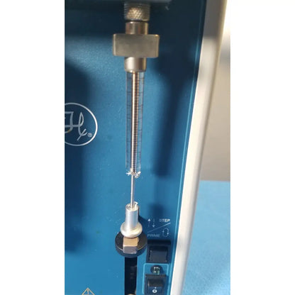 Blue hamilton microlab 500 series syringe pump dispenser with metallic spring-loaded mechanism and control buttons