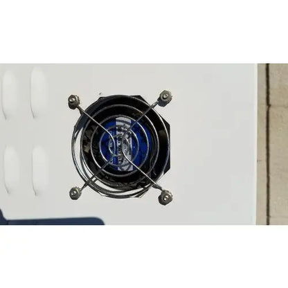 Black circular fan with metal protective grille and blue hub for harvey sterilemax st75935 reuse medical device