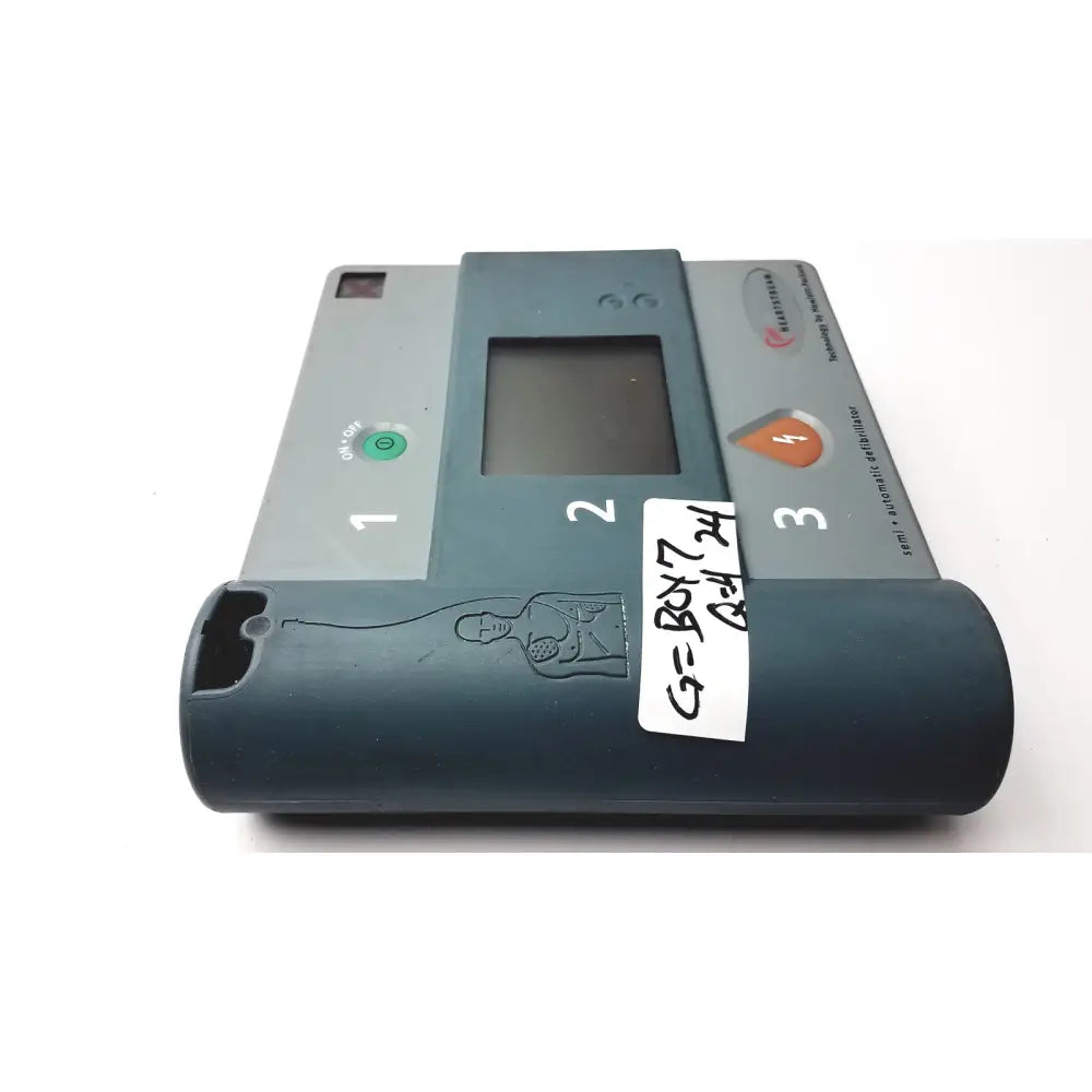 Dark gray heartstream eo1 semi automatic defibrillator with rectangular screen green on/off button and orange shock indicator