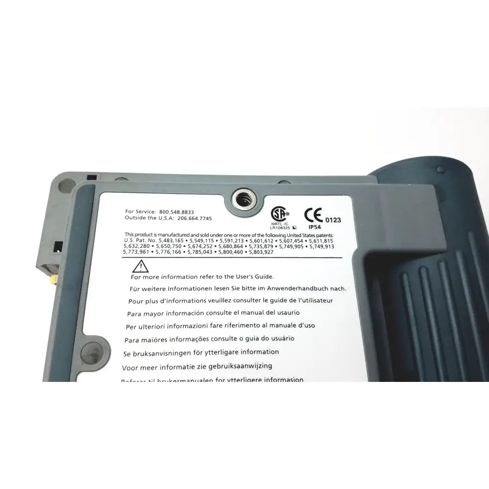 Gray plastic heartstream eo1 semi automatic defibrillator back side with white label and certification marks