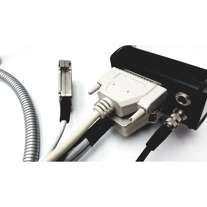 White d-sub 25-pin connector with metallic pins and ribbed cable attached to the back of heidelberg engineering hrti laser head