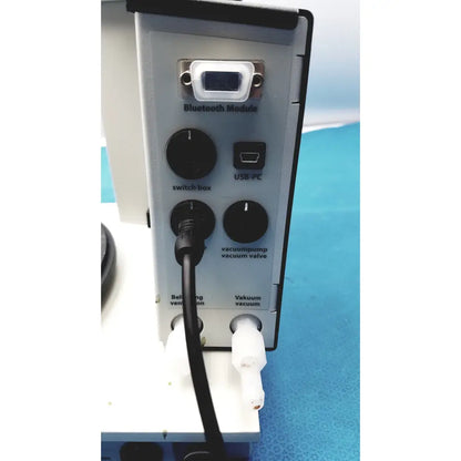Gray plastic heidolph basis hei-vap rotary evaporator back with black knobs white bluetooth module and usb-pc connector port
