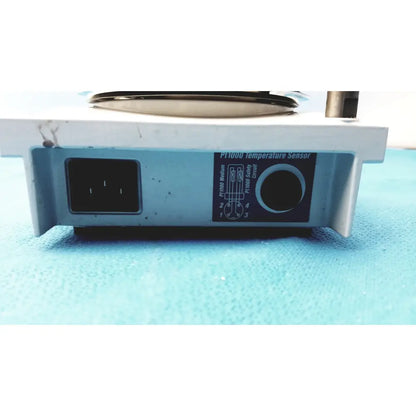 Light blue plastic pt1000 temperature sensor with black power input and labeled dial for heidolph magnetic stirrer hotplates