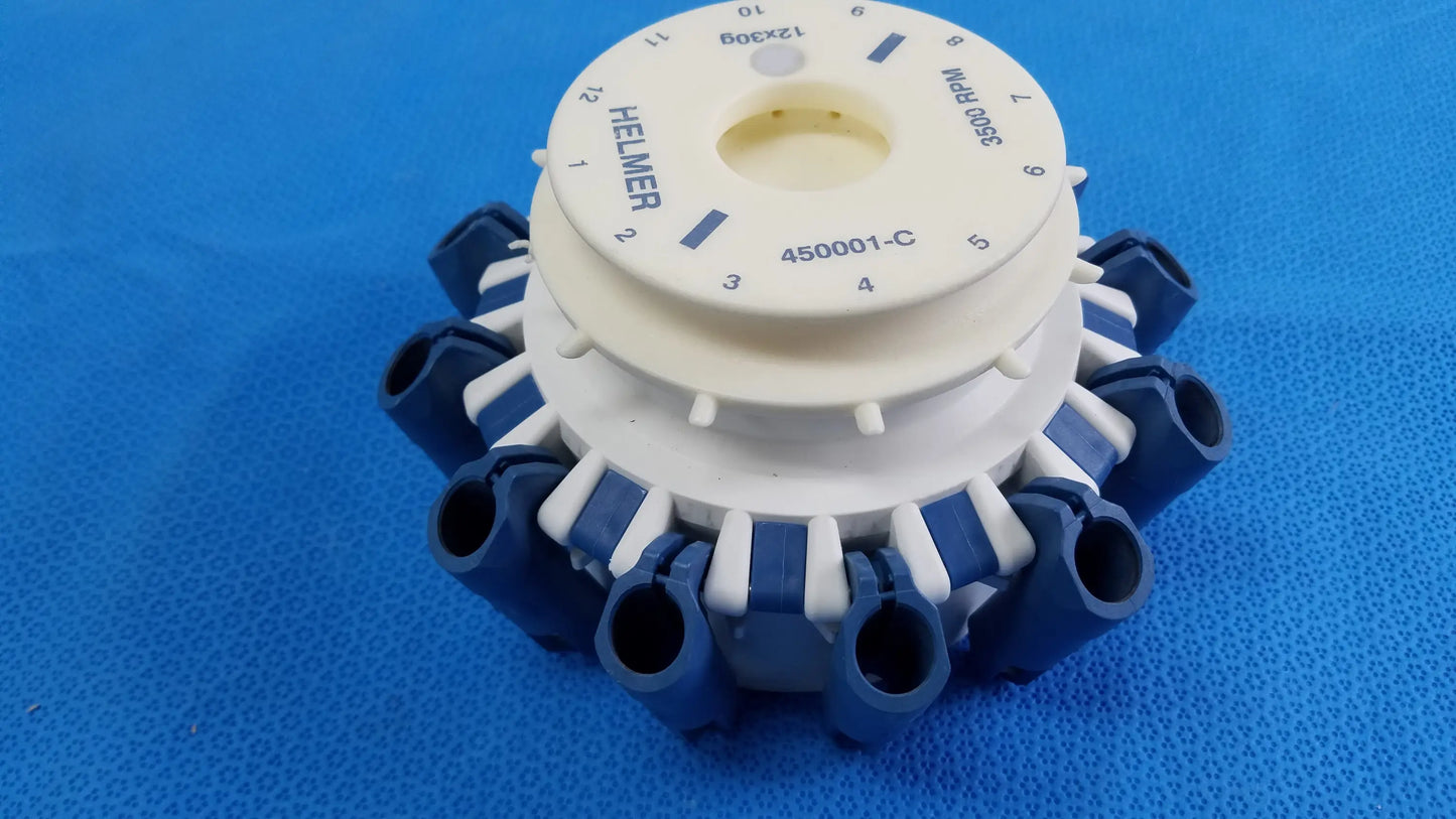 White and blue plastic helmer 450001-c centrifuge rotor with numbered tube inserts compatible helmer centrifuge