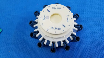 White and blue plastic centrifuge rotor with numbered dial and tube inserts compatible with helmer 450001-c centrifuge