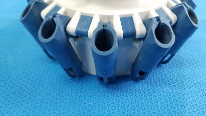 Blue and white plastic centrifuge rotor connector assembly with cylindrical tube inserts compatible with helmer centrifuge