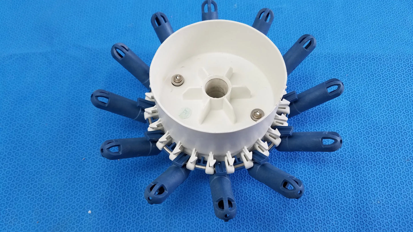 White and blue plastic centrifuge rotor with twelve tube inserts compatible with helmer centrifuge 450001-C model