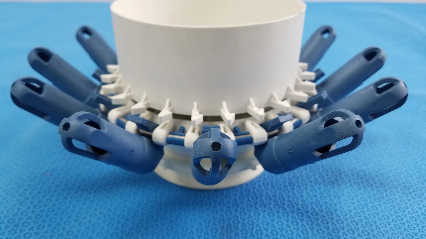 Blue and white plastic centrifuge rotor with tube inserts compatible with helmer centrifuge 3500 rpm 12x30g sample holders