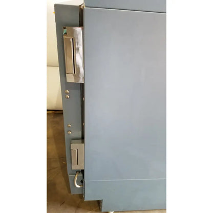 Gray industrial-grade safe with metallic latch and keyhole in helmer hlf105 horizon series laboratory freezer