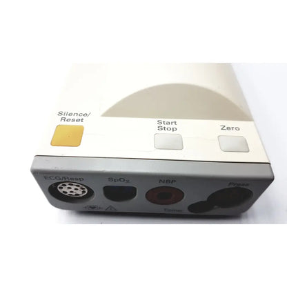 White and gray hewlett packard speed point technology m3000a medical monitor with labeled buttons and ecg spo2 nbp temp ports