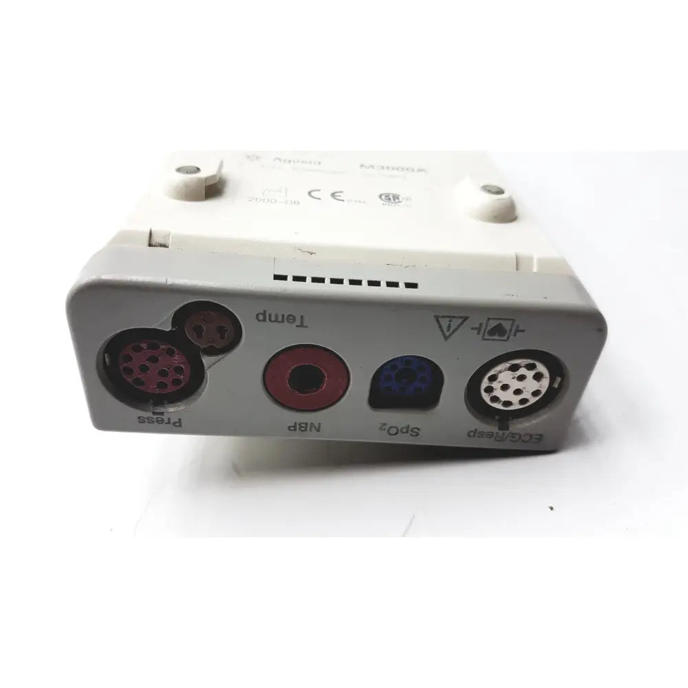 Gray agilent 3406a medical monitor back with colored ports labeled for temp press nbp spo2 and ecg resp in hewlett packard speed point technology m3000a