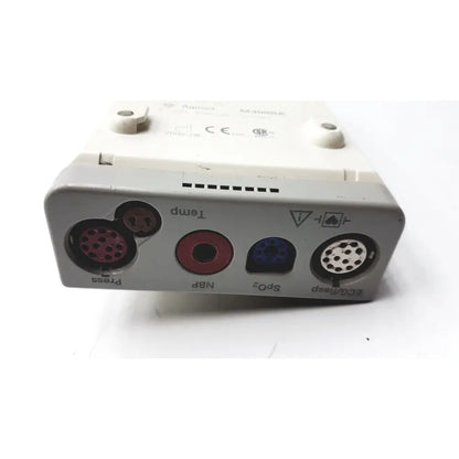 Gray agilent 3406a medical monitor back with colored ports labeled for temp press nbp spo2 and ecg resp in hewlett packard speed point technology m3000a