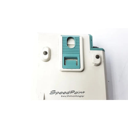 White and teal Hewlett Packard Speed Point technology M3000A device with a ribbed rectangular slot on the front