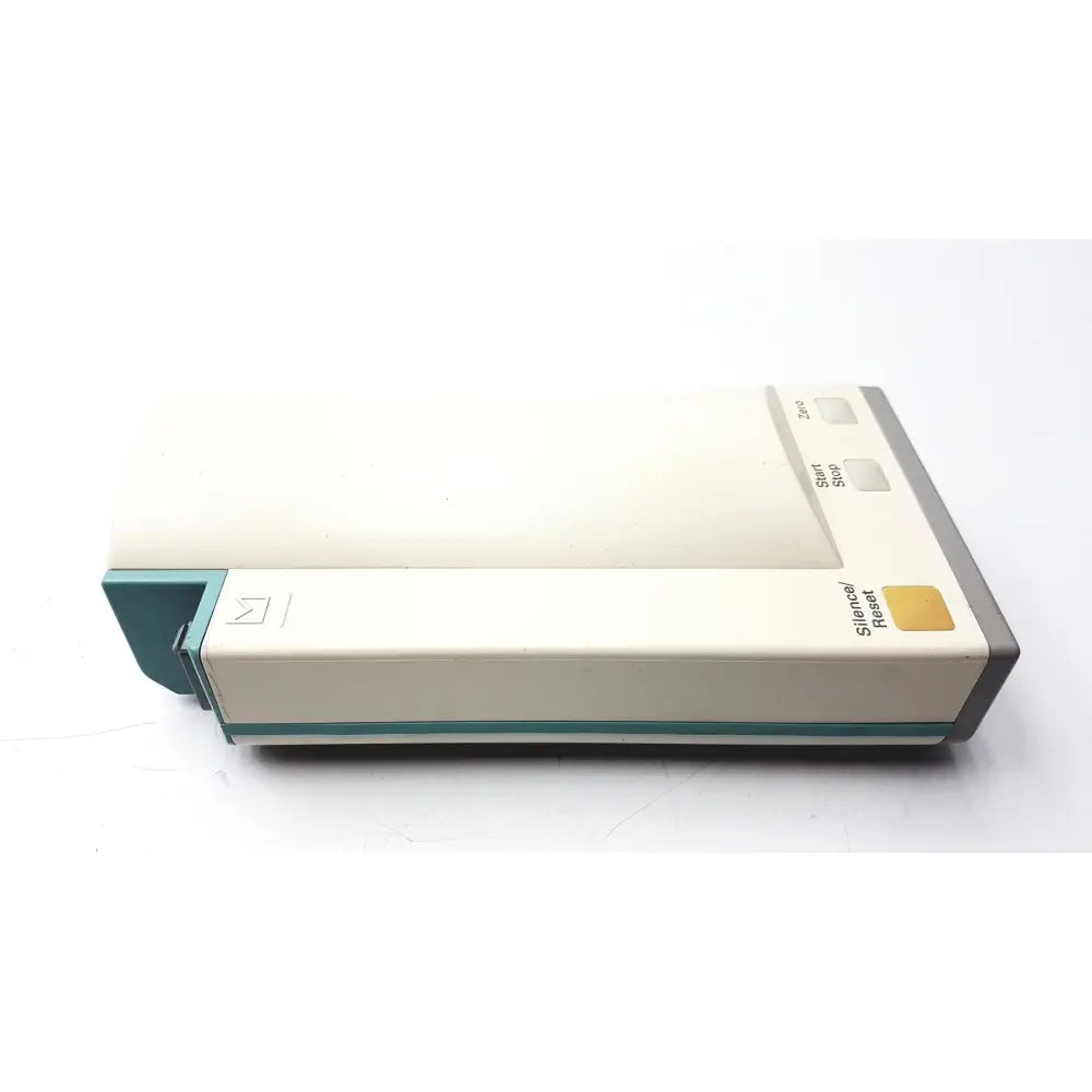 Cream-colored hewlett packard speed point technology m3000a device with teal and gray buttons including start stop and silence reset